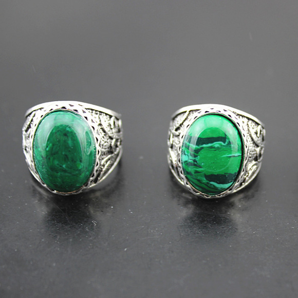 HPMen's Oval Green Marbled Stone Filigree Ring - Picture 2 of 3